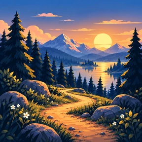 Walkvale launcher illustration: a winding trail through a forest beneath mountains and a warm sunset